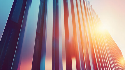 Abstract architectural background, vertical geometric shapes, sun reflection.