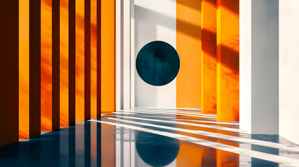 Abstract architectural background, vertical geometric shapes, sun reflection.