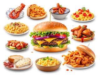 A collage of the most popular dishes of American cuisine. Variety, appetizing looks, traditional and modern dishes.