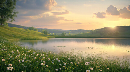 Peaceful summer morning, sunrise over the calm 
lake. ai generation 