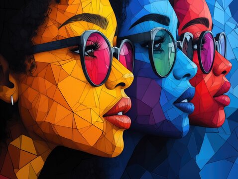 Faces of a group of women next to each other, cubist illustration, bright colors, fractal.