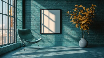 Modern Teal Brick Wall Interior with Empty Frame, Chair, and Plant