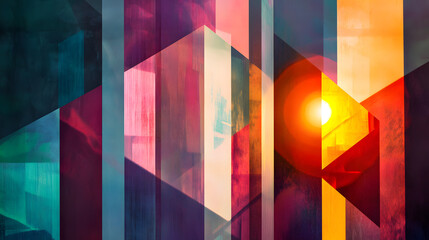 Abstract architectural background, vertical geometric shapes, sun reflection.