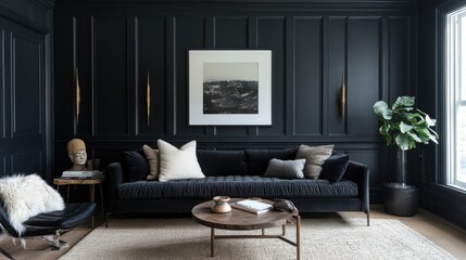 A dark living room with black walls and a black sofa. 