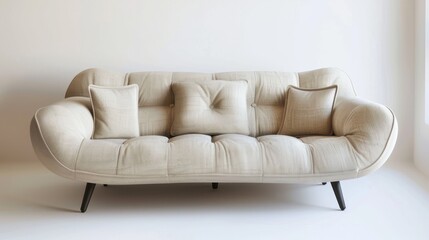 Light beige fabric sofa with three seats and pillow on white backdrop.