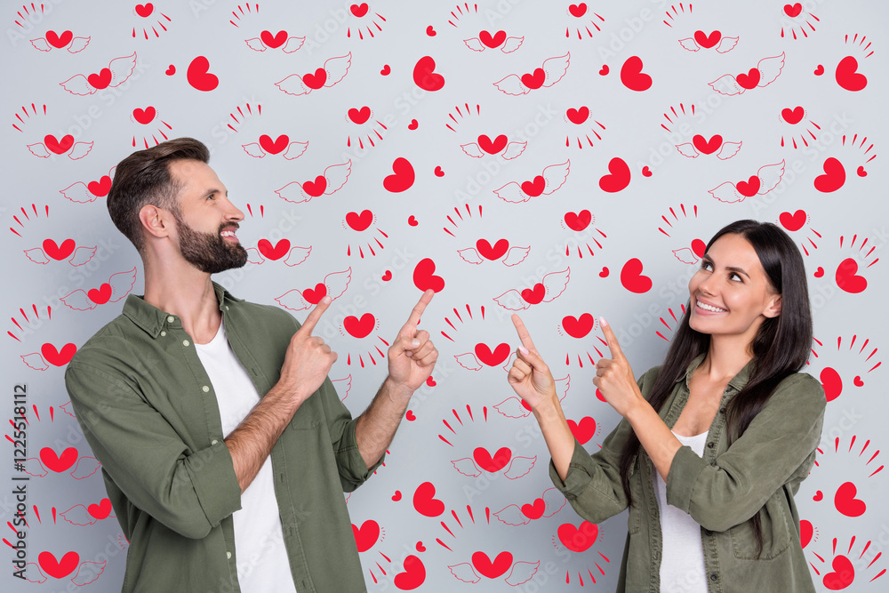 Poster portrait of attractive cheerful couple demonstrating copy space advert ad solution isolated over gre