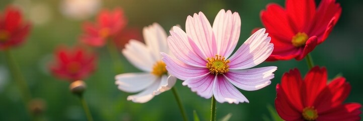 Fototapeta premium White and red cosmos petals with delicate green veins, flowers, garden flowers