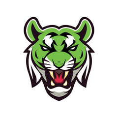 A powerful and fierce tiger head logo with a roaring expression. This green mascot vector illustration is ideal for an esports team, sports brand, or a gaming channel