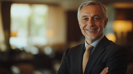 Fototapeta premium A senior business leader with short silver hair and a confident smile, dressed in a dark suit with a soft-colored tie, positioned in front of a blurred conference room background