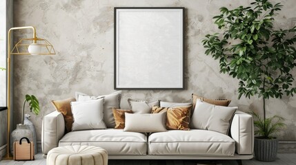 Living room decor with poster frame, sofa, pillows, gold accents, plants, lamp, wall texture, and personal items.