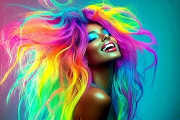 Long trim - multicolored hair. Pretty smiling mixed-race girl - for ads, banner and social apps use. Commercial promotion creative. Black girl creative inspiration. Colored hair styles.