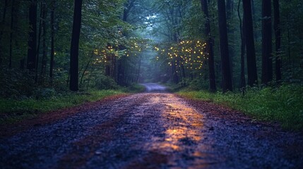 Fototapeta premium A dark, quiet forest road illuminated by the soft glow of fireflies at dusk