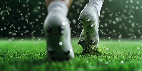 A close-up of cleats digging into the turf, grass flying as a player accelerates off the snap.


