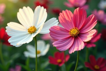 Obraz premium White and red cosmos petals with delicate green veins, , plant