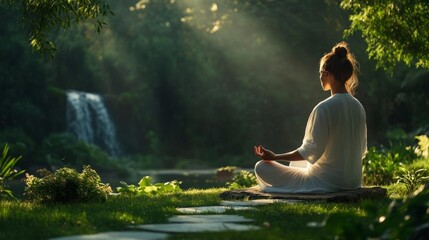 Meditation in a peaceful forest near a waterfall. Generative AI