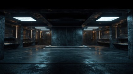 Dark Futuristic Underground Room with Neon Lights