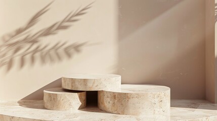 Minimal stone podium on beige background for product display.