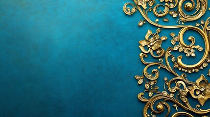 Ornate gold design on teal background with gemstones