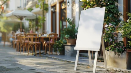 Mock-up outdoor signage board template on white stand near restaurant's outdoor dining area with street texture background.