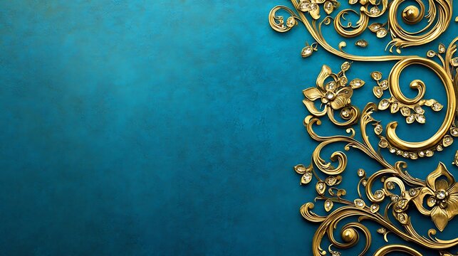 Ornate gold design on teal background with gemstones