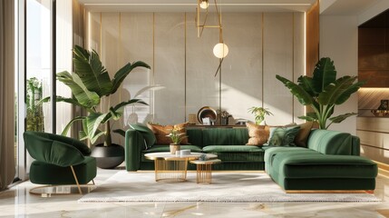 Fototapeta premium Modern interior design in a stylish living room with green velvet sofa and gold accents.