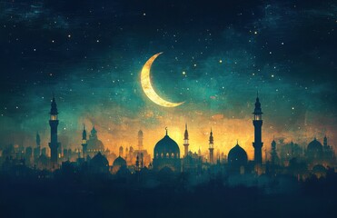 Naklejka premium Moonlit Cityscape with Silhouette of Ancient Architecture and Stars