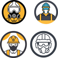 A man wearing a yellow helmet and goggles is wearing a gas mask.Firefighters Mask Icon,