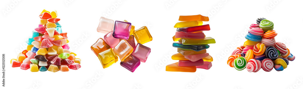 Poster Four colorful piles of various candies are displayed against a black background showcasing different shapes and colors.