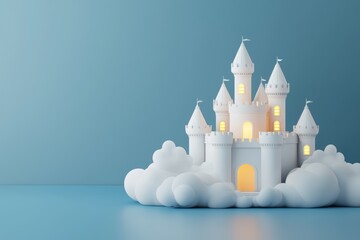 Floating castle with glowing towers surrounded by mystical clouds magical 3D environment blending fantasy and surrealism