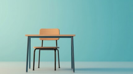 Simple wooden desk and chair against a teal wall