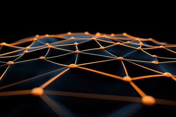 glowing network of interconnected nodes and lines forms spherical shape against dark background, symbolizing digital connectivity and communication
