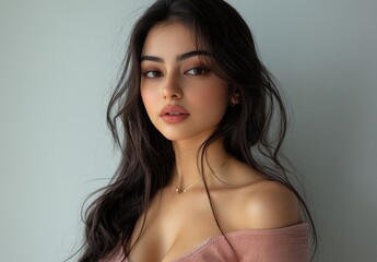 Portrait of a Beautiful Young Woman with Long Dark Hair and Soft Makeup