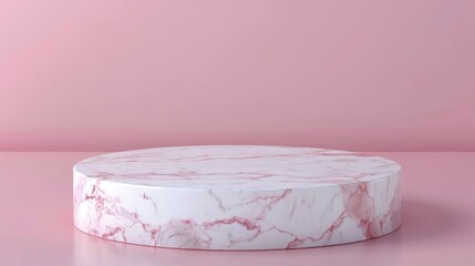 Pink marble round podium on pastel background with text space