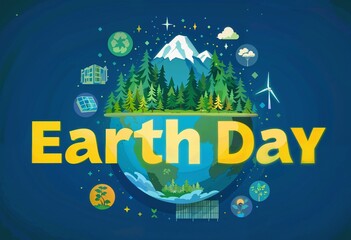 Earth with the inscription Earth Day in a cartoon style in blue, green, yellow colors representing environmental protection