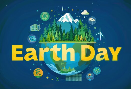 Earth with the inscription Earth Day in a cartoon style in blue, green, yellow colors representing environmental protection