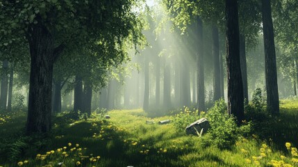 Fototapeta premium Sunlit Forest Path With Yellow Flowers And Tall Trees