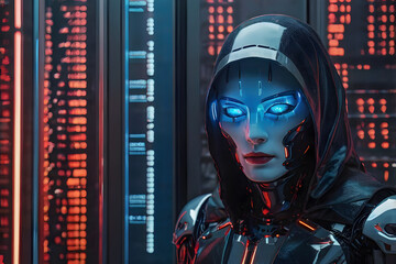 Black AI robot standing in data center server modern office working room in concept of cyber security hacking risk and privacy leak in cloud computing technology