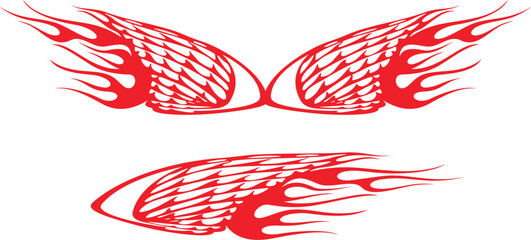 Vector flame wings set for vehicle vinyl decals, clothing stickers, mascot designs, vintage labels. Ready-to-cut fiery wings hood and side decals for race and hot rod vehicles, trucks, motors, bikes.