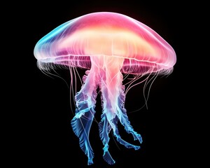 Hyperrealistic glowing jellyfish floating in a dark 3D environment surrounded by soft light surreal marine life concept with bioluminescence