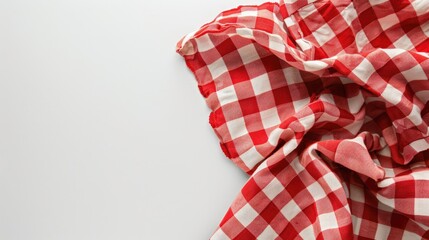 Fototapeta premium Red picnic towel on white table with empty space, top view for food advertising design display.