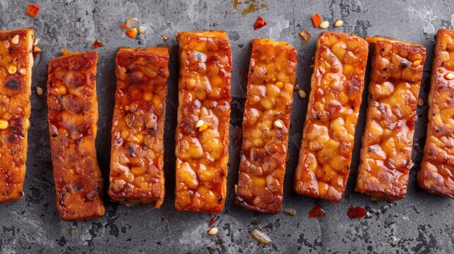 Raw tempeh slices marinated in seasoned brine before frying on a gray backdrop