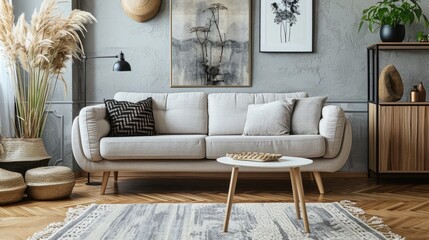 Scandinavian living room with fabric couch and table.