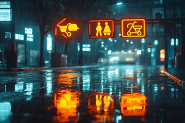 Neon signs reflecting on rainy street at night