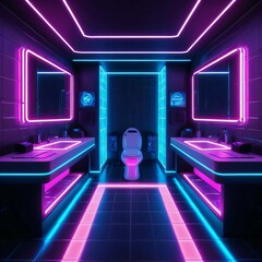 Neon Public Restroom
A modern public restroom with a futuristic design, illuminated by bright neon lines. Two illuminated sinks create a stylish and high-tech look.
