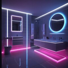  Modern Bathroom with Round Mirror
An elegant minimalist bathroom featuring a round mirror and neon accents in pink and blue tones. Light lines emphasize the geometry of the space.