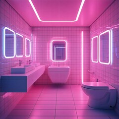 Pink and Blue Neon Bathroom
A neon bathroom with a stylish minimalist design, decorated in bright pink and blue tones. Light panels create an ultra-modern effect.