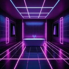 Bathroom with Neon Lines
 A futuristic-style bathroom with neon lines decorating the walls and ceiling. The space looks ultra-modern and elegant due to the combination of pink and blue lighting.