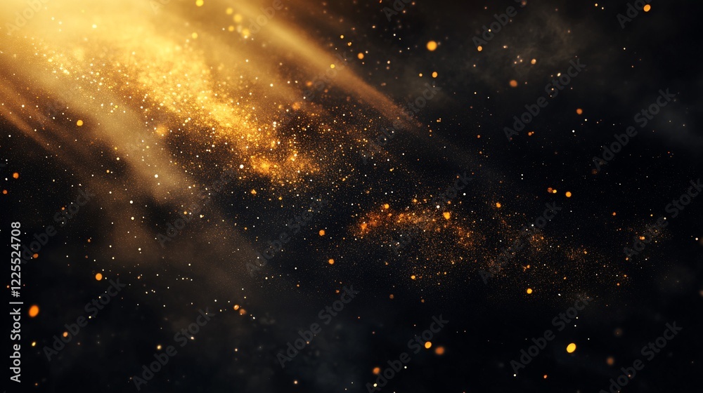 Poster golden particles swirling in a beam of light on a dark background