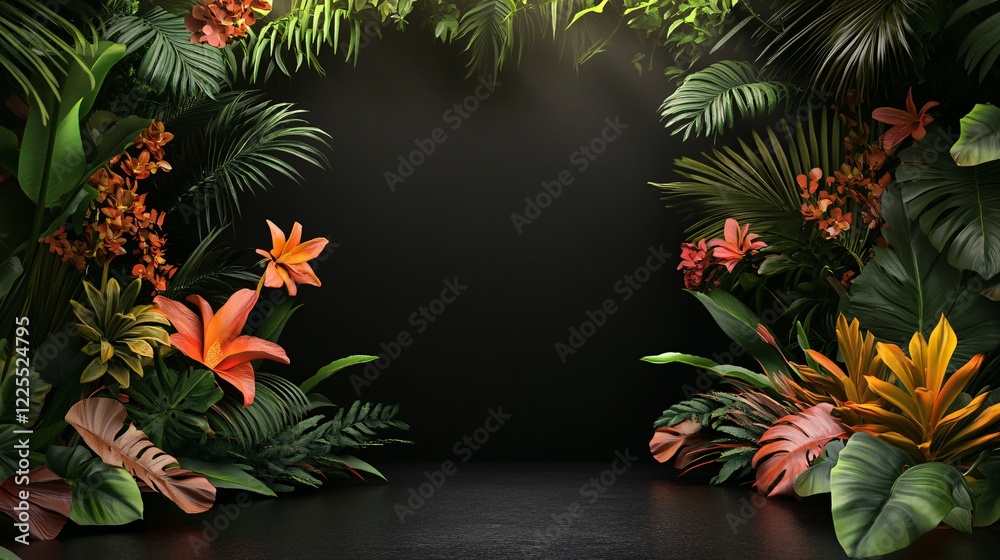 Poster lush tropical flora frames a dark backdrop, creating a vibrant and exotic scene