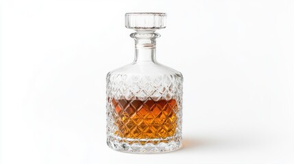 Crystal Decanter Filled With Amber Liquid Stands On White Background
